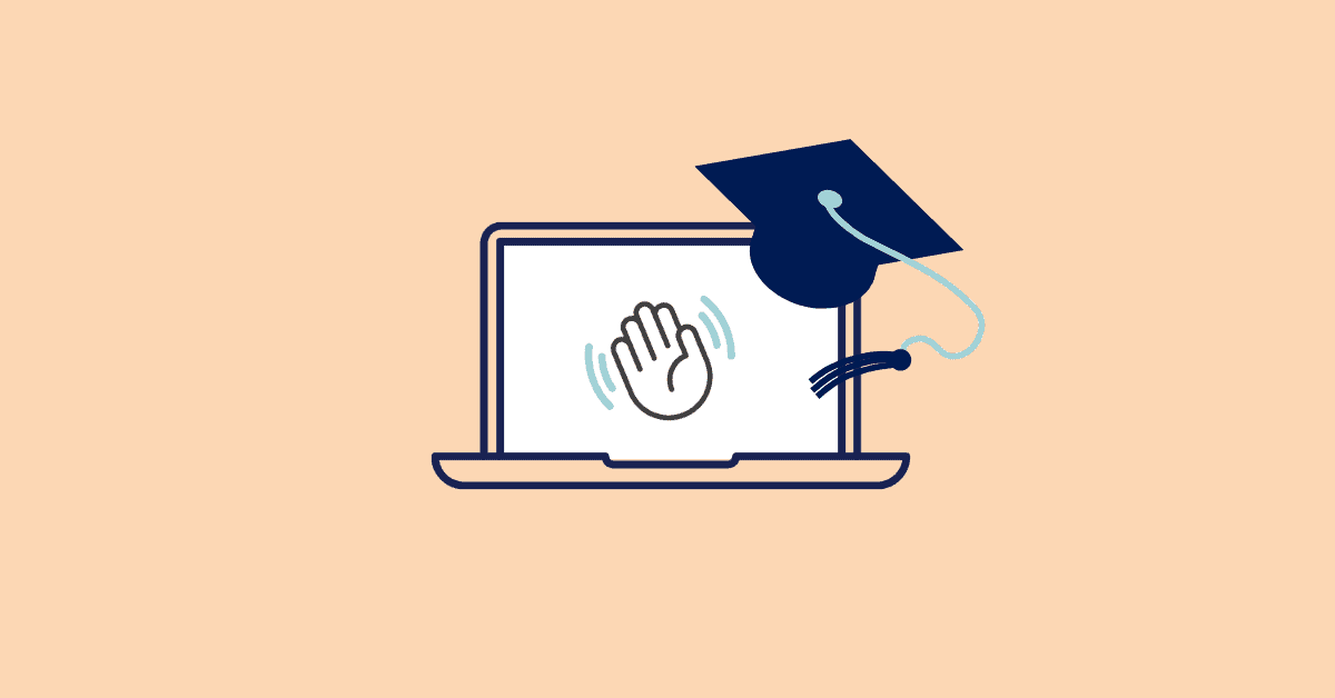hand wave on computer with graduation cap on top