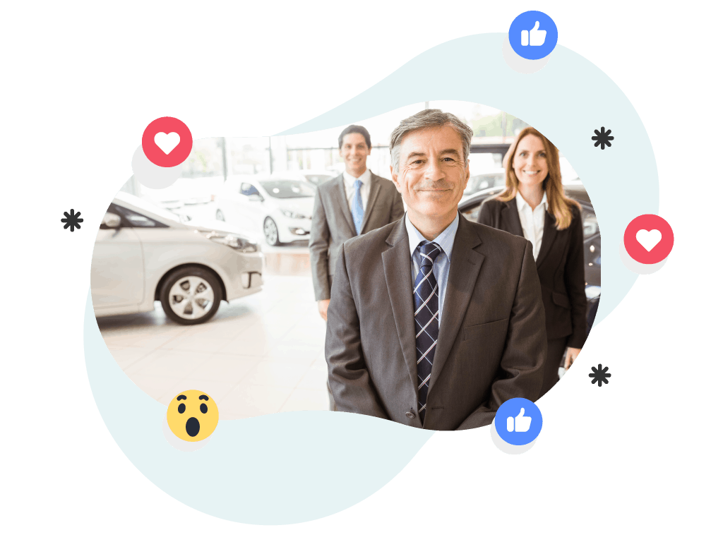 facebook icons surrounding photo of car dealership